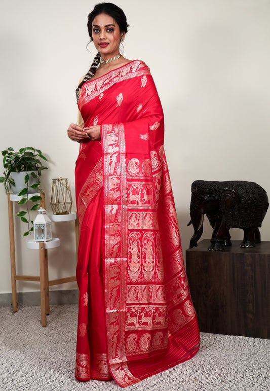 Red Baluchari Pure Silk Saree with Blouse Piece