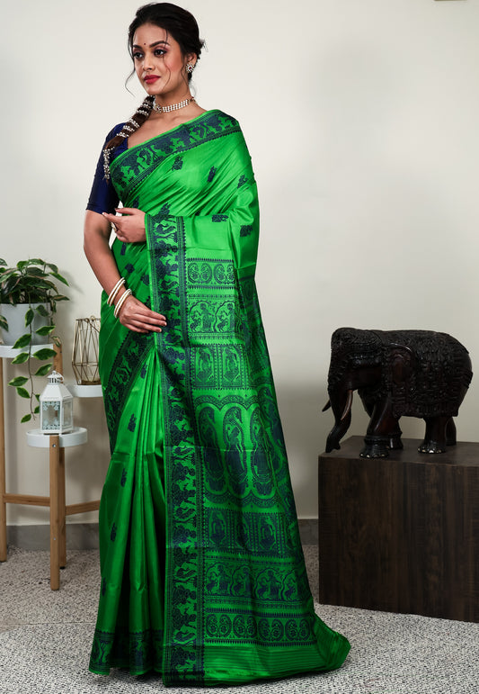 Parrot Green Baluchari Pure Silk Saree with Blouse Piece