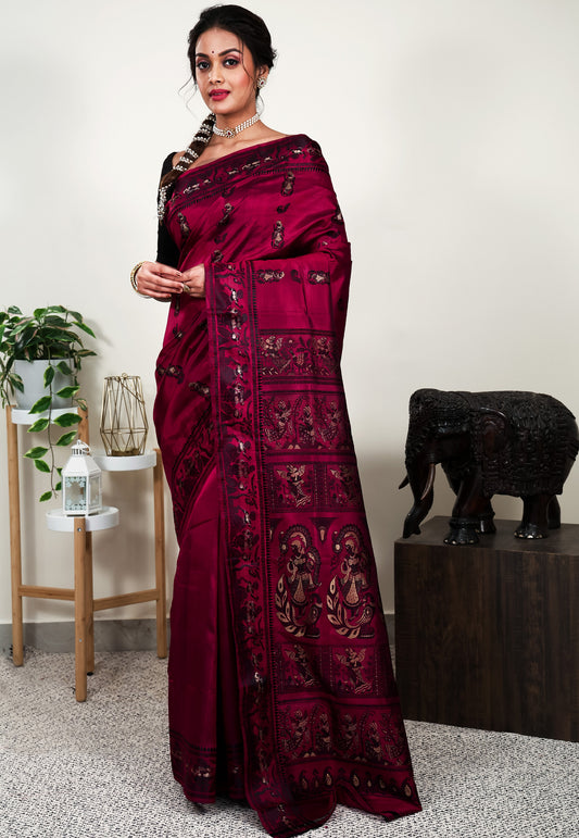 Magenta Baluchari Pure Silk Saree with Blouse Piece