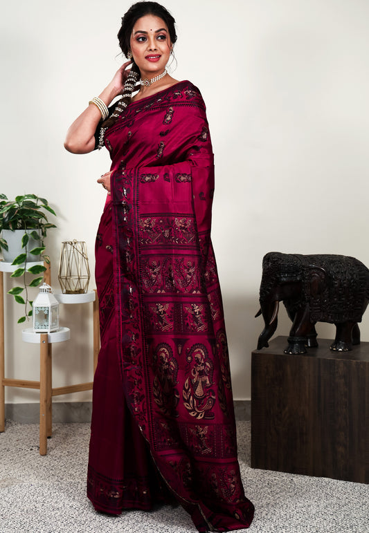 Magenta Baluchari Pure Silk Saree with Blouse Piece