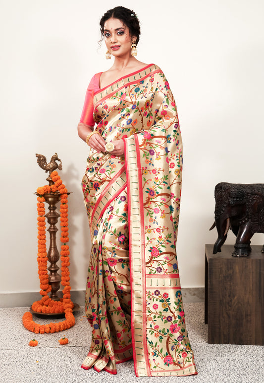 Golden Paithani Silk Saree With Blouse Piece