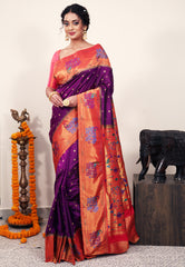 Purple with Red Border Paithani Silk Saree With Blouse Piece