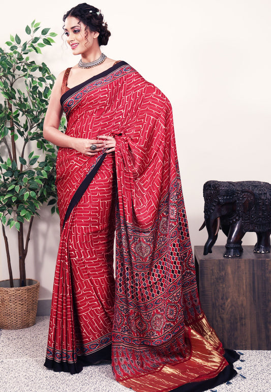 Maroon Ajrakh print in Modal Silk Saree With Blouse Piece