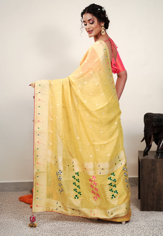 Yellow Paithani Silk Saree With Blouse Piece