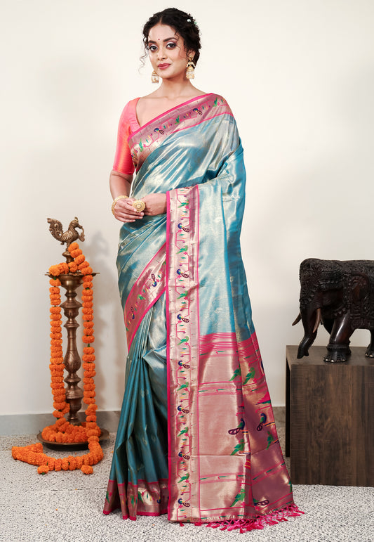 Feroza Blue Tissue Brocade with Rani Pink Border Paithani Silk Saree With Blouse Piece