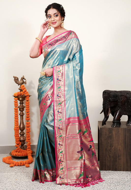 Feroza Blue Tissue Brocade with Rani Pink Border Paithani Silk Saree With Blouse Piece