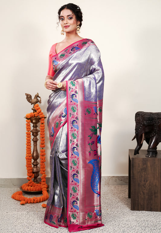 Mauve Tissue Brocade with Rani Pink Border Paithani Silk Saree With Blouse Piece