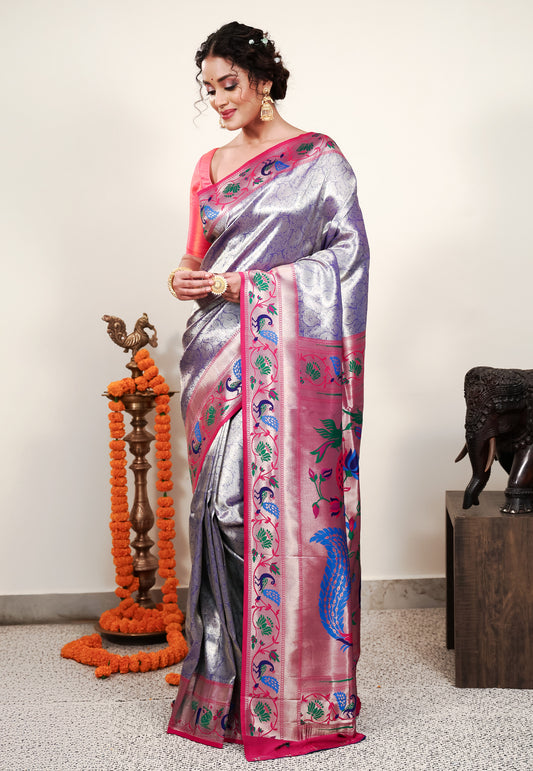 Mauve Tissue Brocade with Rani Pink Border Paithani Silk Saree With Blouse Piece