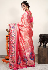 Red Tissue Brocade with Rani Pink Border Paithani Silk Saree With Blouse Piece