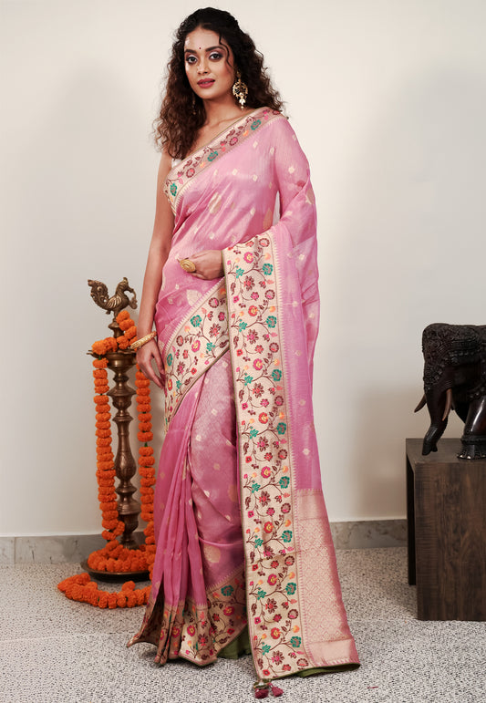 Pink Paithani Silk Saree With Blouse Piece