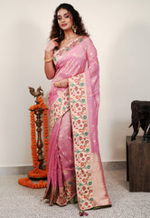 Pink Paithani Silk Saree With Blouse Piece