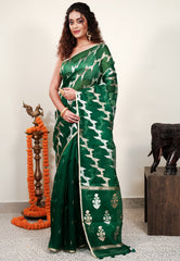 Bottle Green Kora Pure Silk Saree With Blouse Piece