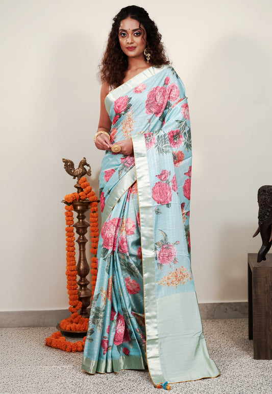 Sky Blue Designer Saree With Blouse Piece