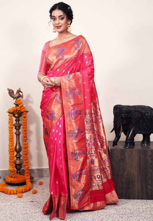 Cross Rani Pink with Red Border Paithani Pure Silk Saree With Blouse Piece