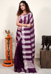 Purple Kora Pure Silk Saree With Blouse Piece