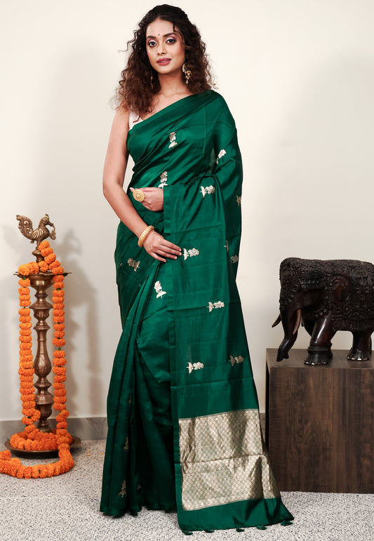 Bottle Green Katan Pure Silk Saree With Blouse Piece