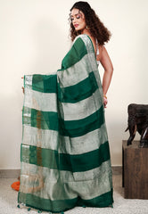 Bottle Green Kora Pure Silk Saree With Blouse Piece