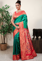 Cross Green with Red Border Paithani Pure Silk Saree With Blouse Piece