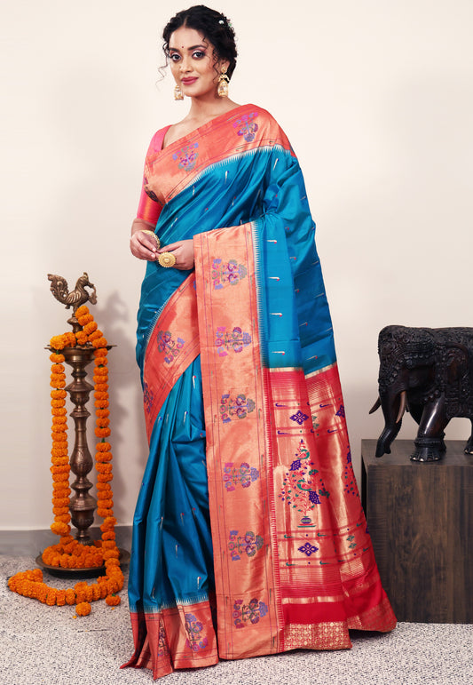 Cross Feroza Blue with Red Border Paithani Pure Silk Saree With Blouse Piece