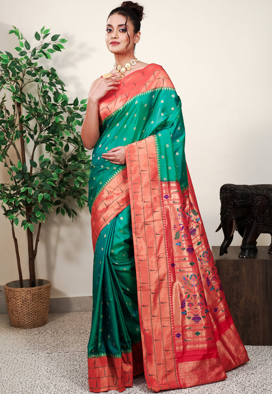 Cross Green with Red Border Paithani Pure Silk Saree With Blouse Piece