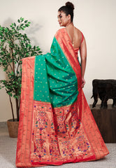 Cross Green with Red Border Paithani Pure Silk Saree With Blouse Piece