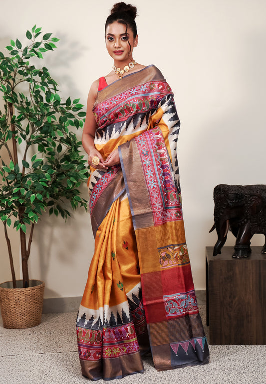 Mustard Tussar Kantha Pure Silk Saree With Blouse Piece