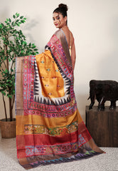 Mustard Tussar Kantha Pure Silk Saree With Blouse Piece