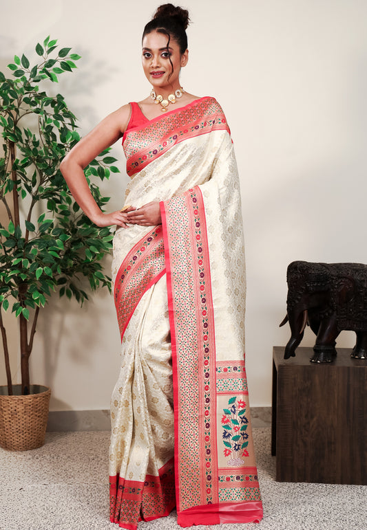 Off White Brocade with Red Border Paithani Silk Saree With Blouse Piece