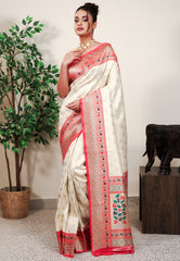 Off White Brocade with Red Border Paithani Silk Saree With Blouse Piece