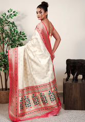 Off White Brocade with Red Border Paithani Silk Saree With Blouse Piece