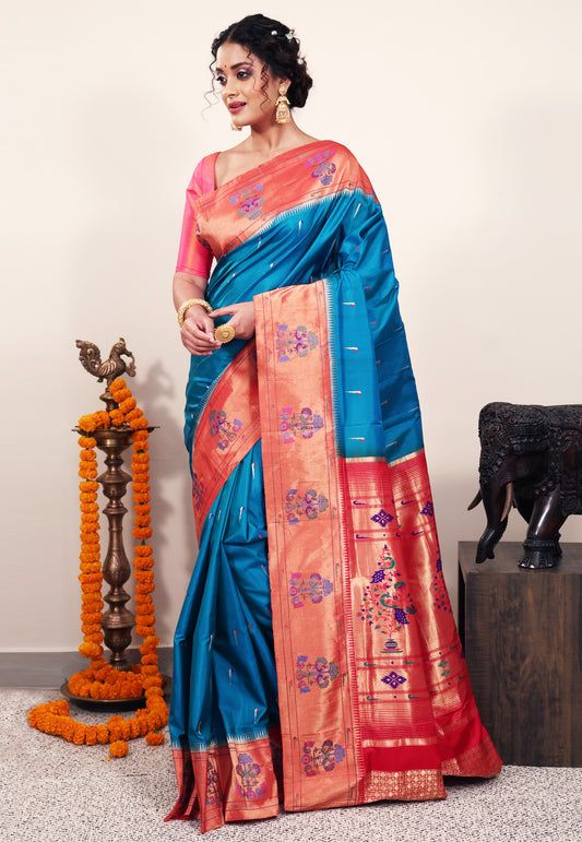 Cross Feroza Blue with Red Border Paithani Pure Silk Saree With Blouse Piece