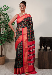 Black Patola with Red Border Ikkat Pure Silk Saree With Blouse Piece