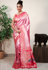 Pink Paithani Silk Saree With Blouse Piece