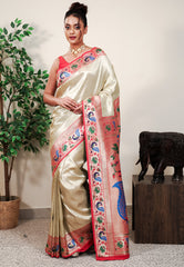 Golden with Red Border Paithani Silk Saree With Blouse Piece