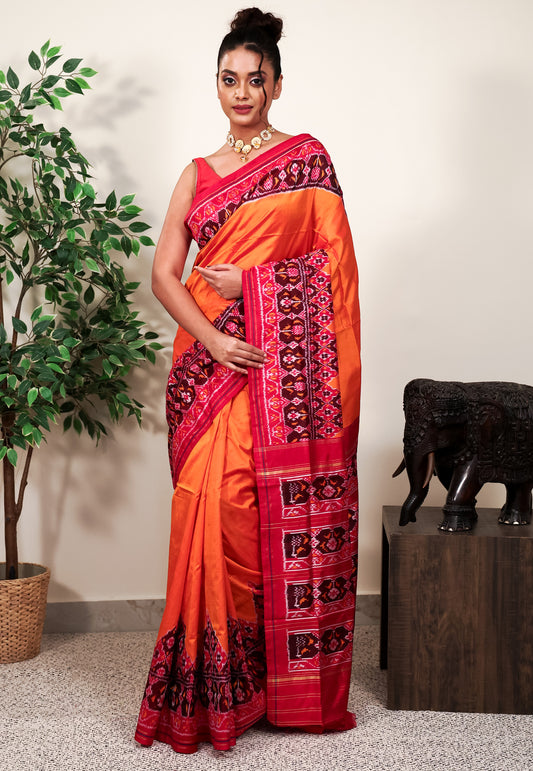 Orange with Red Border Ikkat Pure Silk Saree With Blouse Piece