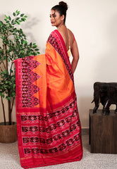 Orange with Red Border Ikkat Pure Silk Saree With Blouse Piece