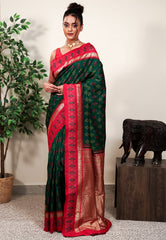 Bottle Green with Red Border Ikkat Saree With Blouse Piece