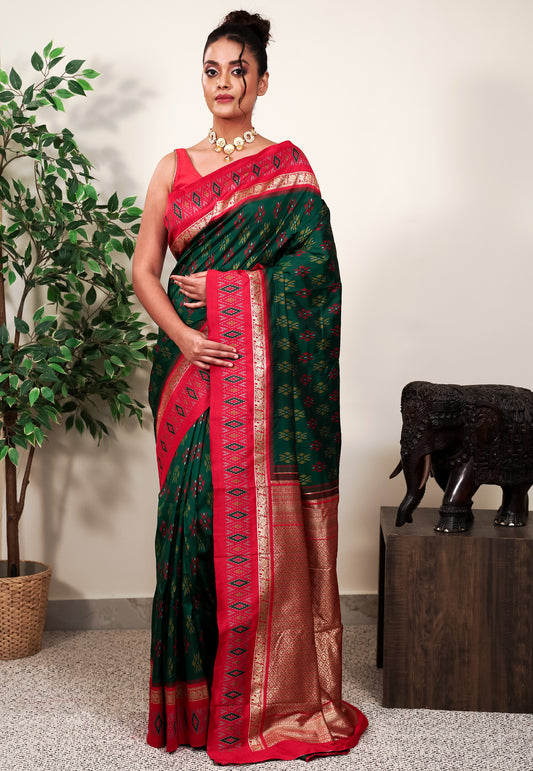 Bottle Green with Red Border Ikkat Saree With Blouse Piece