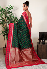 Bottle Green with Red Border Ikkat Saree With Blouse Piece