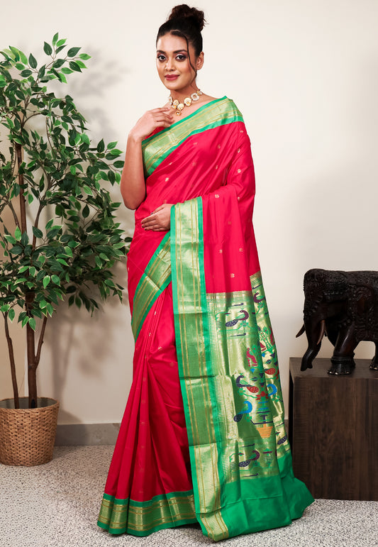 Rani Pink with Parrot Green Border Paithani Pure Silk Saree With Blouse Piece