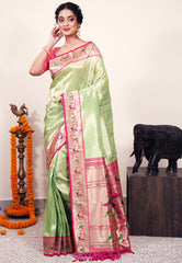 Parrot Green Tissue Brocade with Rani Pink Border Paithani Silk Saree With Blouse Piece