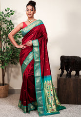 Maroon with Sea Green Border Paithani Pure Silk Saree With Blouse Piece