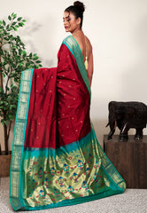 Maroon with Sea Green Border Paithani Pure Silk Saree With Blouse Piece