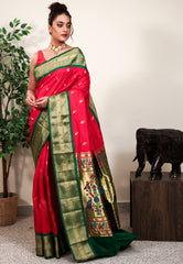 Red with Bottle Green Border Paithani Pure Silk Saree With Blouse Piece