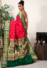 Red with Bottle Green Border Paithani Pure Silk Saree With Blouse Piece