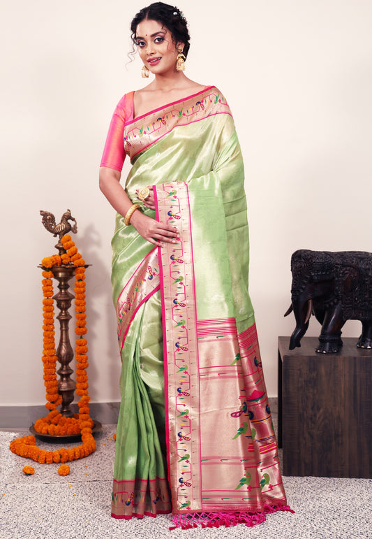 Parrot Green Tissue Brocade with Rani Pink Border Paithani Silk Saree With Blouse Piece