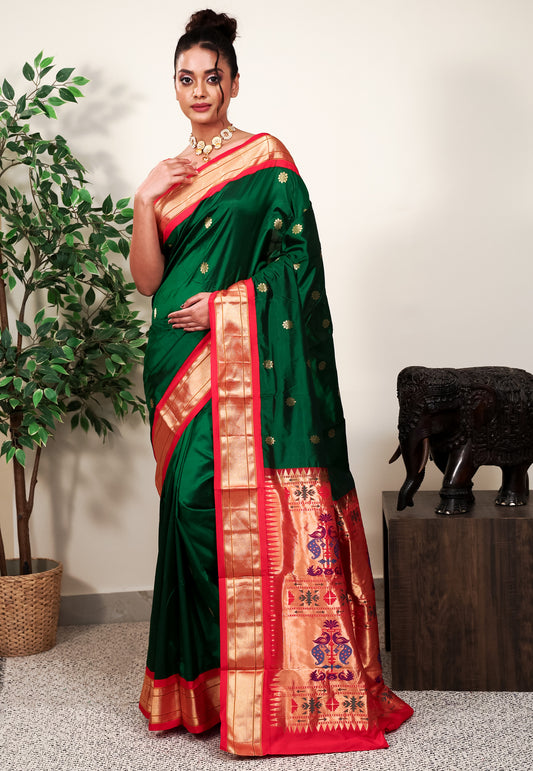 Bottle Green with Red Border Paithani Pure Silk Saree With Blouse Piece