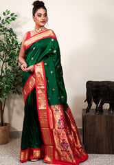 Bottle Green with Red Border Paithani Pure Silk Saree With Blouse Piece