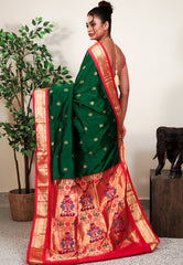 Bottle Green with Red Border Paithani Pure Silk Saree With Blouse Piece