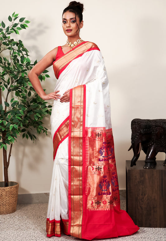 White with Red Border Paithani Pure Silk Saree With Blouse Piece